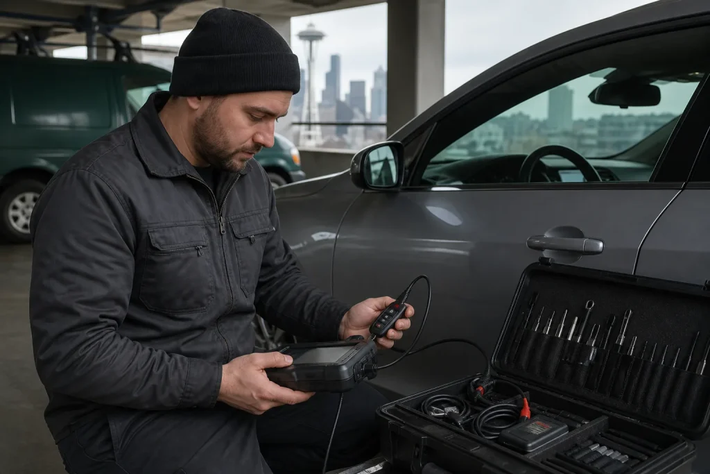 Automotive locksmith programming a smart key beside a vehicle