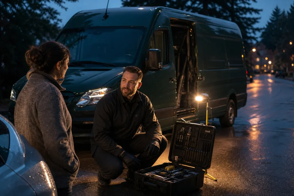 Emergency locksmith preparing tools beside a service van at night