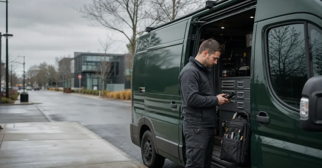Northline locksmith technician beside a mobile service van in Seattle