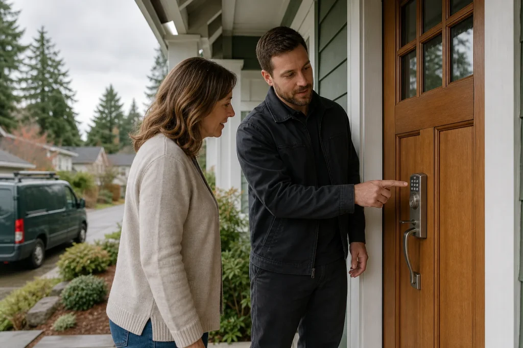 Residential locksmith showing a homeowner how to use a new keypad lock
